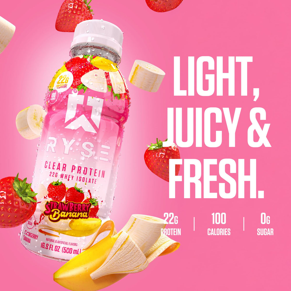 RYSE Clear Protein Drink - Kool-Aid Tropical Punch - 100 Calories, 22g Whey Isolate Protein Shake, Sugar-Free, 0g Fat & Lactose-Free - Refreshing Ready-to-Drink Beverage - 16.9 fl oz Bottles (12-Pack)