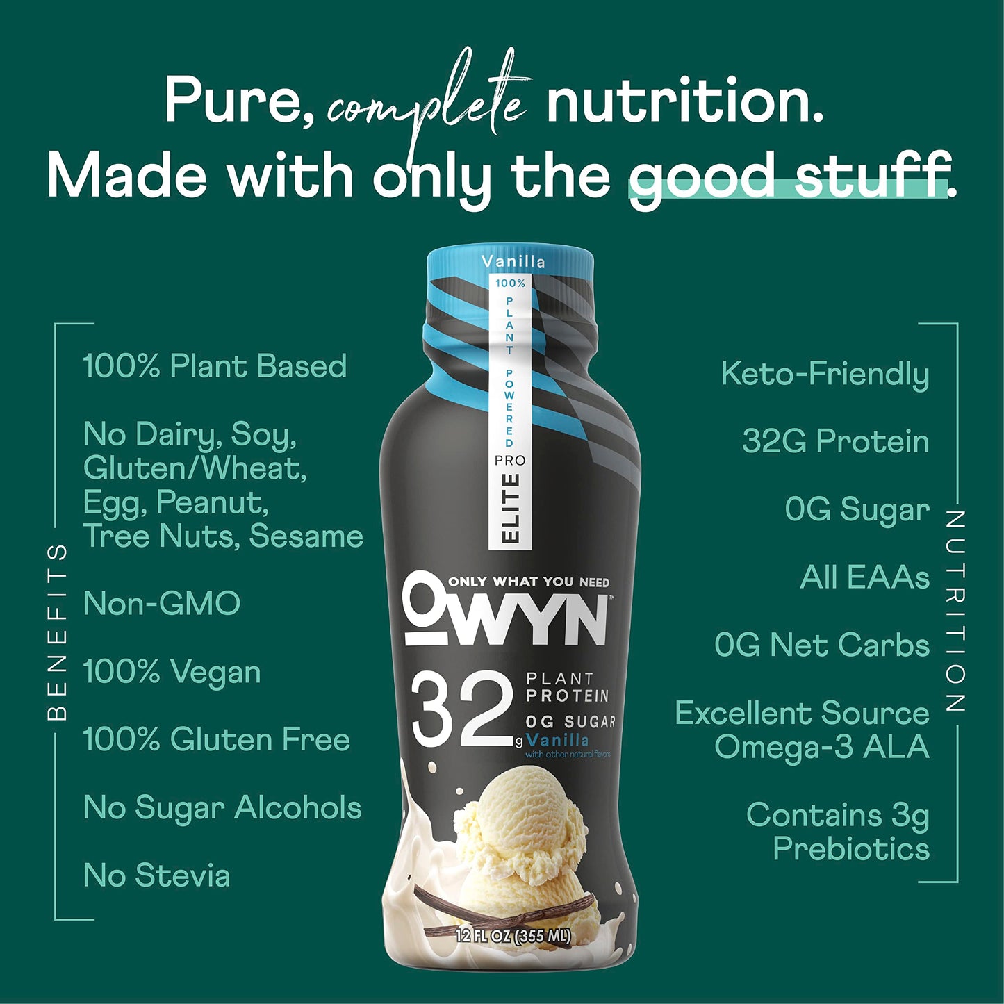 OWYN Only What You Need Protein Shake Variety Pack, Dark Chocolate, Cold Brew Coffee, Cookies and Creamless, 20g Protein, 4g Sugar, 3g Fiber, Dairy Free, Plant Based Protein Drink, 12 CT