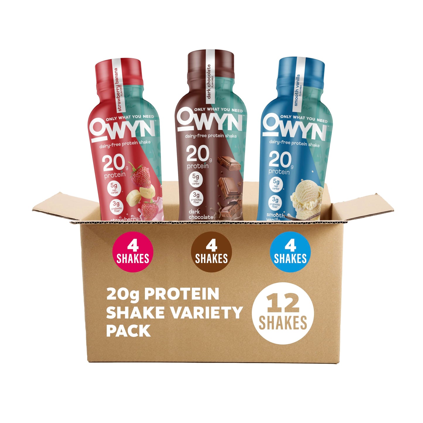OWYN Only What You Need Protein Shake Variety Pack, Dark Chocolate, Cold Brew Coffee, Cookies and Creamless, 20g Protein, 4g Sugar, 3g Fiber, Dairy Free, Plant Based Protein Drink, 12 CT
