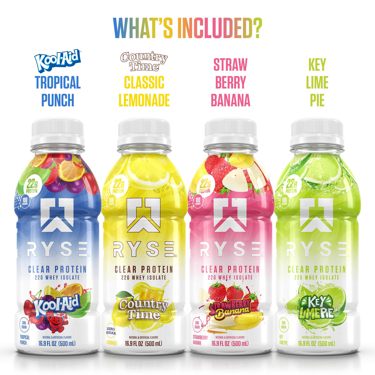 RYSE Clear Protein Drink - Kool-Aid Tropical Punch - 100 Calories, 22g Whey Isolate Protein Shake, Sugar-Free, 0g Fat & Lactose-Free - Refreshing Ready-to-Drink Beverage - 16.9 fl oz Bottles (12-Pack)