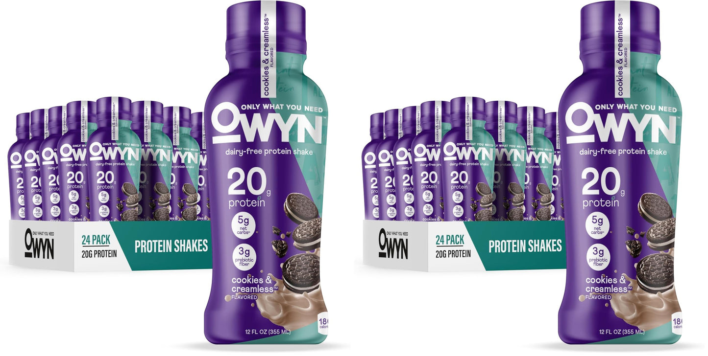 OWYN Only What You Need Protein Shake Variety Pack, Dark Chocolate, Cold Brew Coffee, Cookies and Creamless, 20g Protein, 4g Sugar, 3g Fiber, Dairy Free, Plant Based Protein Drink, 12 CT