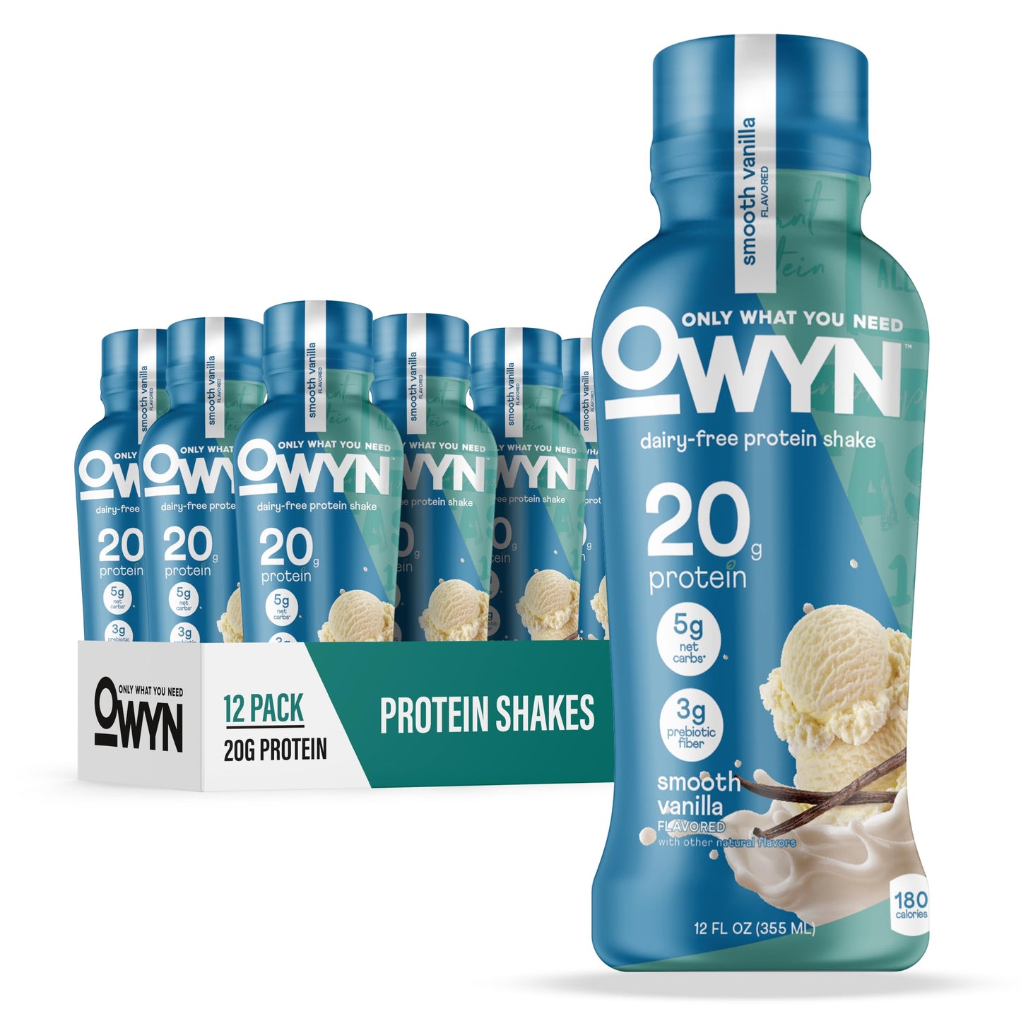 OWYN Only What You Need Protein Shake Variety Pack, Dark Chocolate, Cold Brew Coffee, Cookies and Creamless, 20g Protein, 4g Sugar, 3g Fiber, Dairy Free, Plant Based Protein Drink, 12 CT