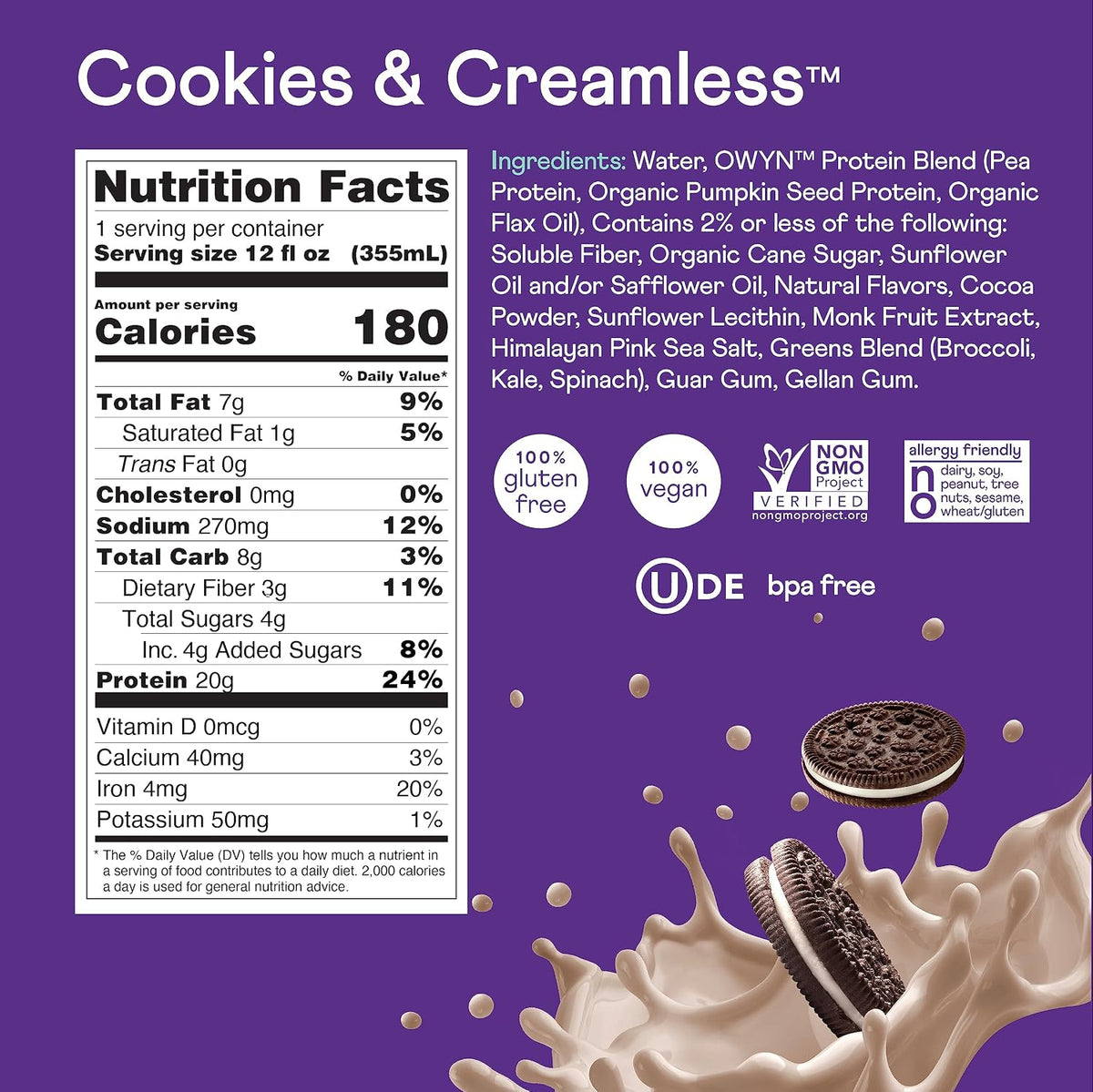 OWYN Only What You Need Dark Chocolate Flavored 20g Protein Shake, 12 Ct