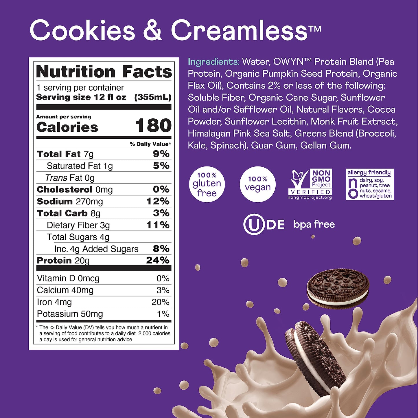 OWYN Only What You Need Protein Shake Variety Pack, Dark Chocolate, Cold Brew Coffee, Cookies and Creamless, 20g Protein, 4g Sugar, 3g Fiber, Dairy Free, Plant Based Protein Drink, 12 CT