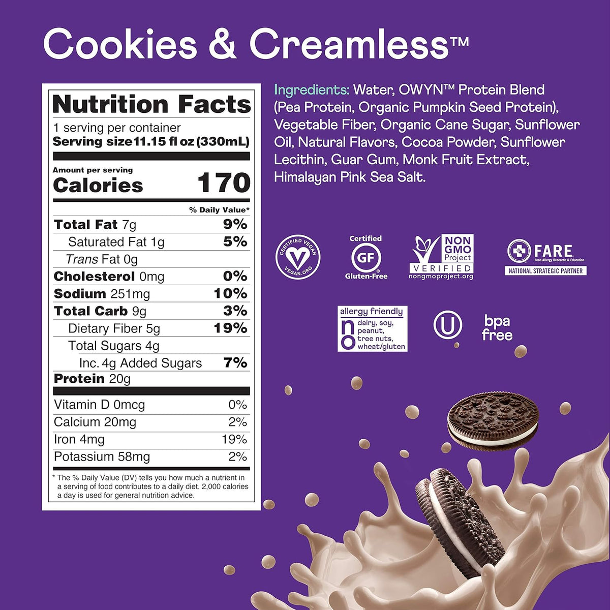OWYN Plant Based Protein Shake, 20g Vegan Protein from Organic Pumpkin seed, Flax, Pea, Prebiotic supplement, Superfood Greens, all-in-one nutrition, Eco Pack (Cookies & Creamless, 24 Pack)