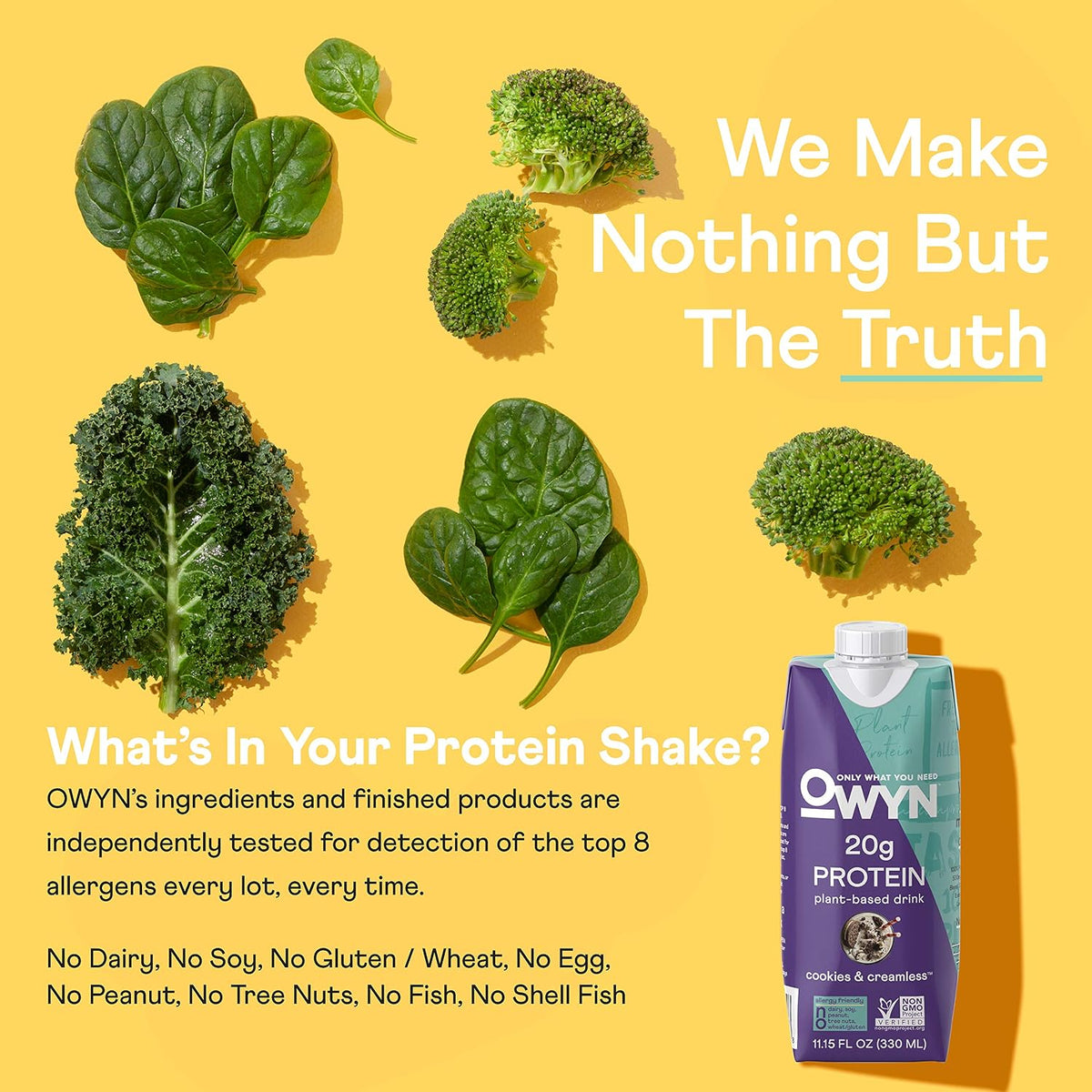 OWYN Plant Based Protein Shake, 20g Vegan Protein from Organic Pumpkin seed, Flax, Pea, Prebiotic supplement, Superfood Greens, all-in-one nutrition, Eco Pack (Cookies & Creamless, 24 Pack)