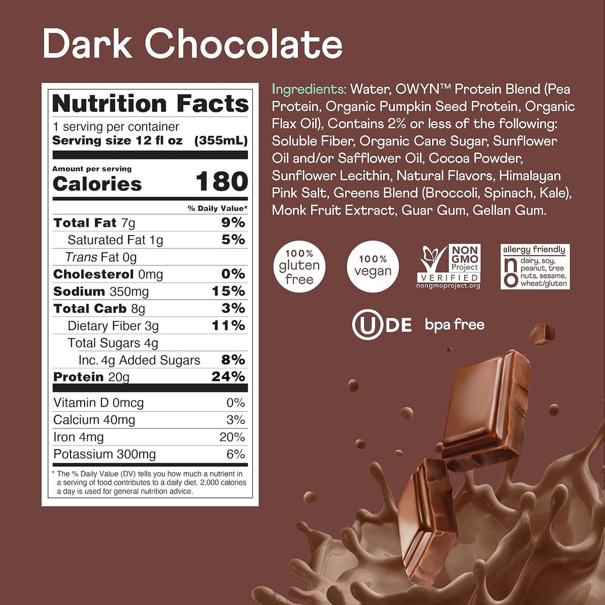 OWYN Only What You Need Dark Chocolate Flavored 20g Protein Shake, 12 Ct